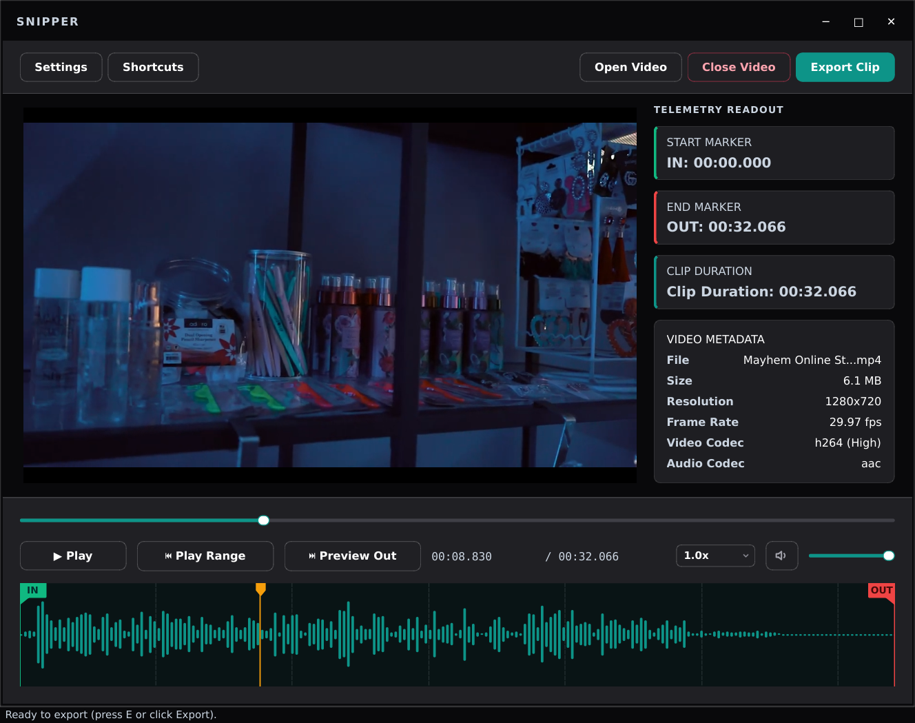 Snipper video trimmer interface